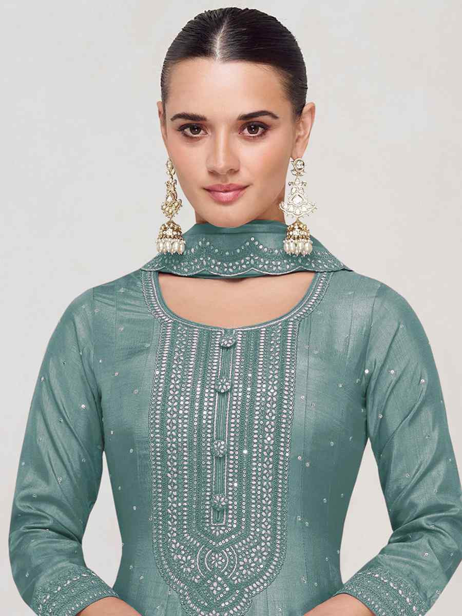 Sky Blue Heavy Vichitra Silk Embroidered Festival Casual Wedding Gown