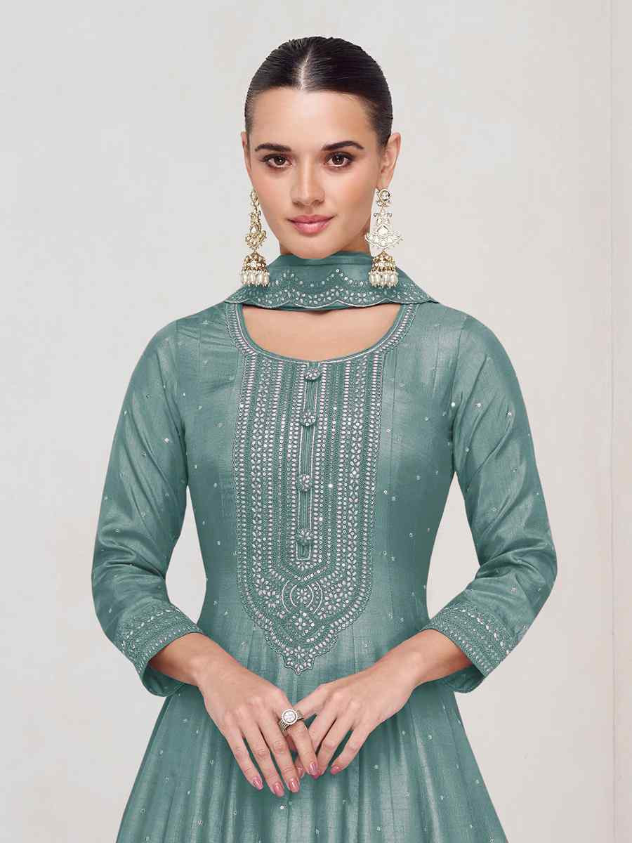 Sky Blue Heavy Vichitra Silk Embroidered Festival Casual Wedding Gown