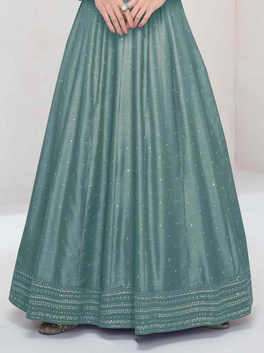 Sky Blue Heavy Vichitra Silk Embroidered Festival Casual Wedding Gown