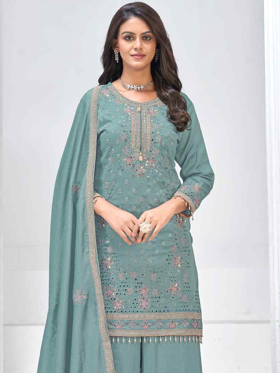 Sky Blue Heavy Vichitra Silk Embroidered Party Wedding Ready Palazzo pant Salwar Kameez