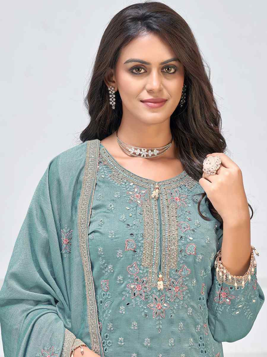 Sky Blue Heavy Vichitra Silk Embroidered Party Wedding Ready Palazzo pant Salwar Kameez