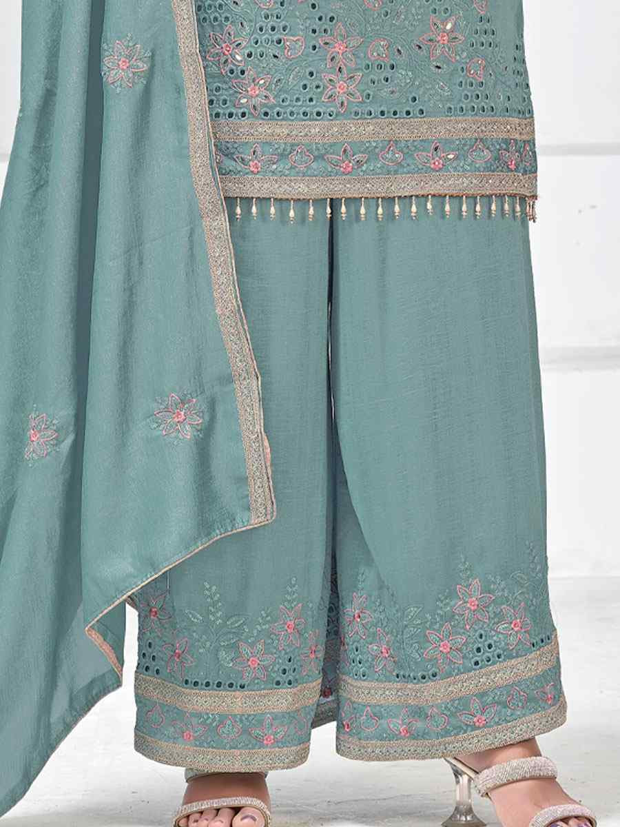 Sky Blue Heavy Vichitra Silk Embroidered Party Wedding Ready Palazzo pant Salwar Kameez