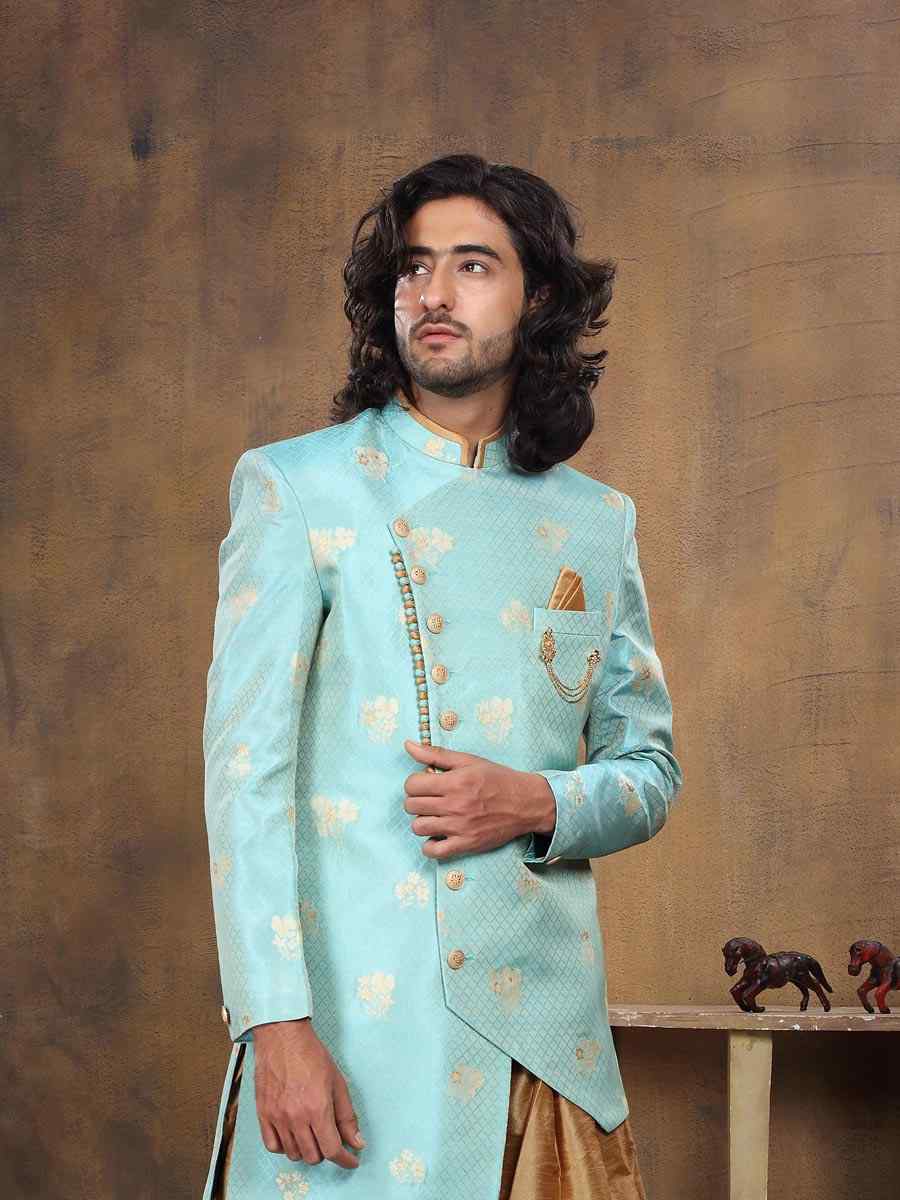 Sky Blue Imported Embroidered Wedding Party Sherwani