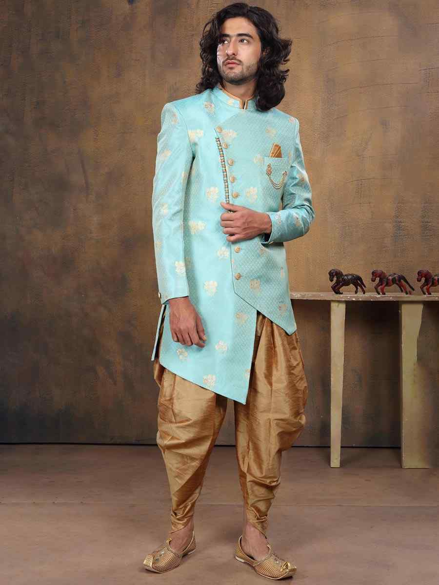Sky Blue Imported Embroidered Wedding Party Sherwani