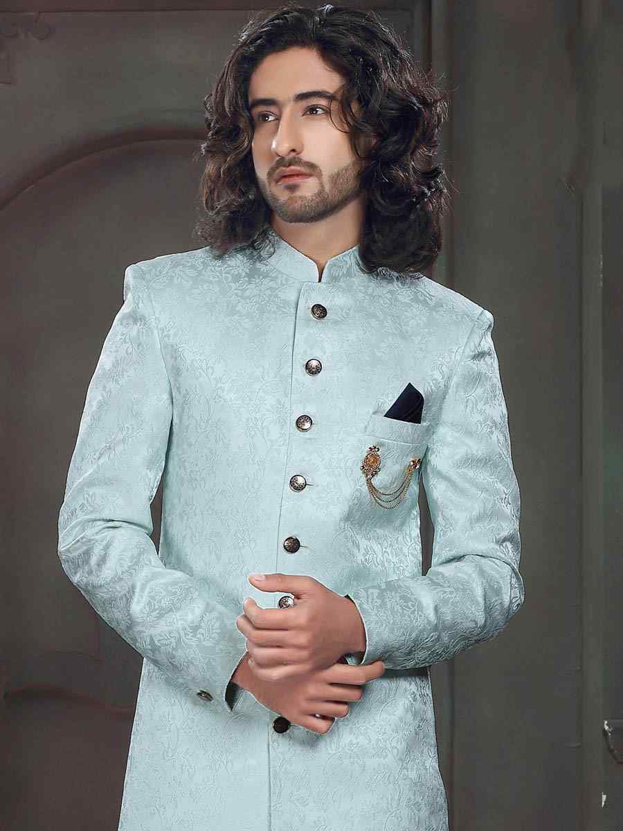 Sky Blue Imported Velvet Woven Groom Wedding Sherwani
