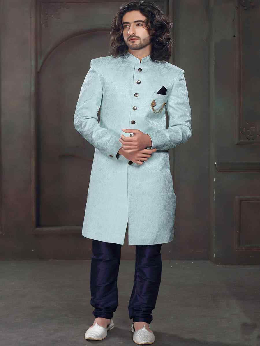 Sky Blue Imported Velvet Woven Groom Wedding Sherwani