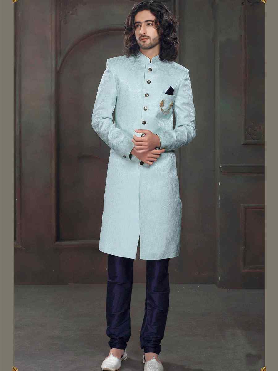 Sky Blue Imported Velvet Woven Party Wedding Sherwani
