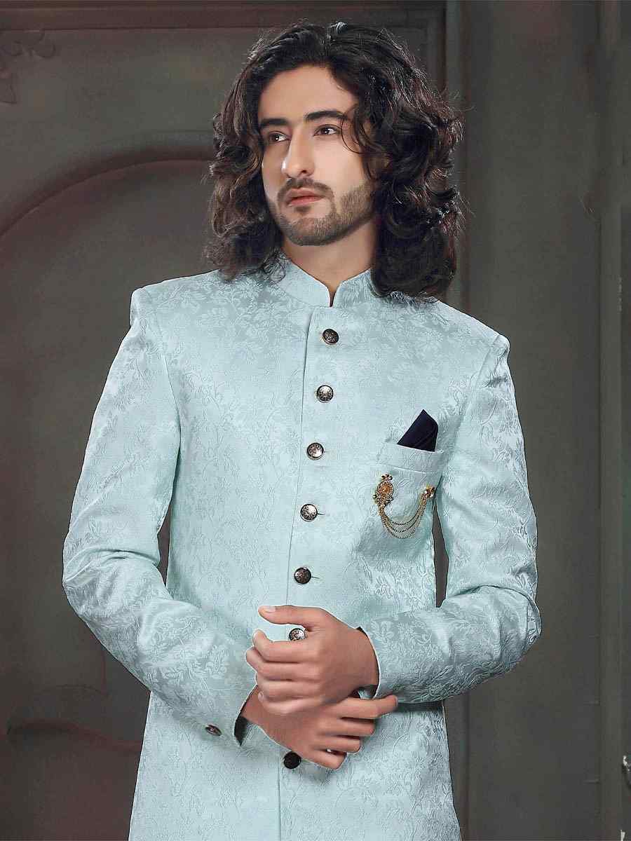 Sky Blue Imported Velvet Woven Party Wedding Sherwani