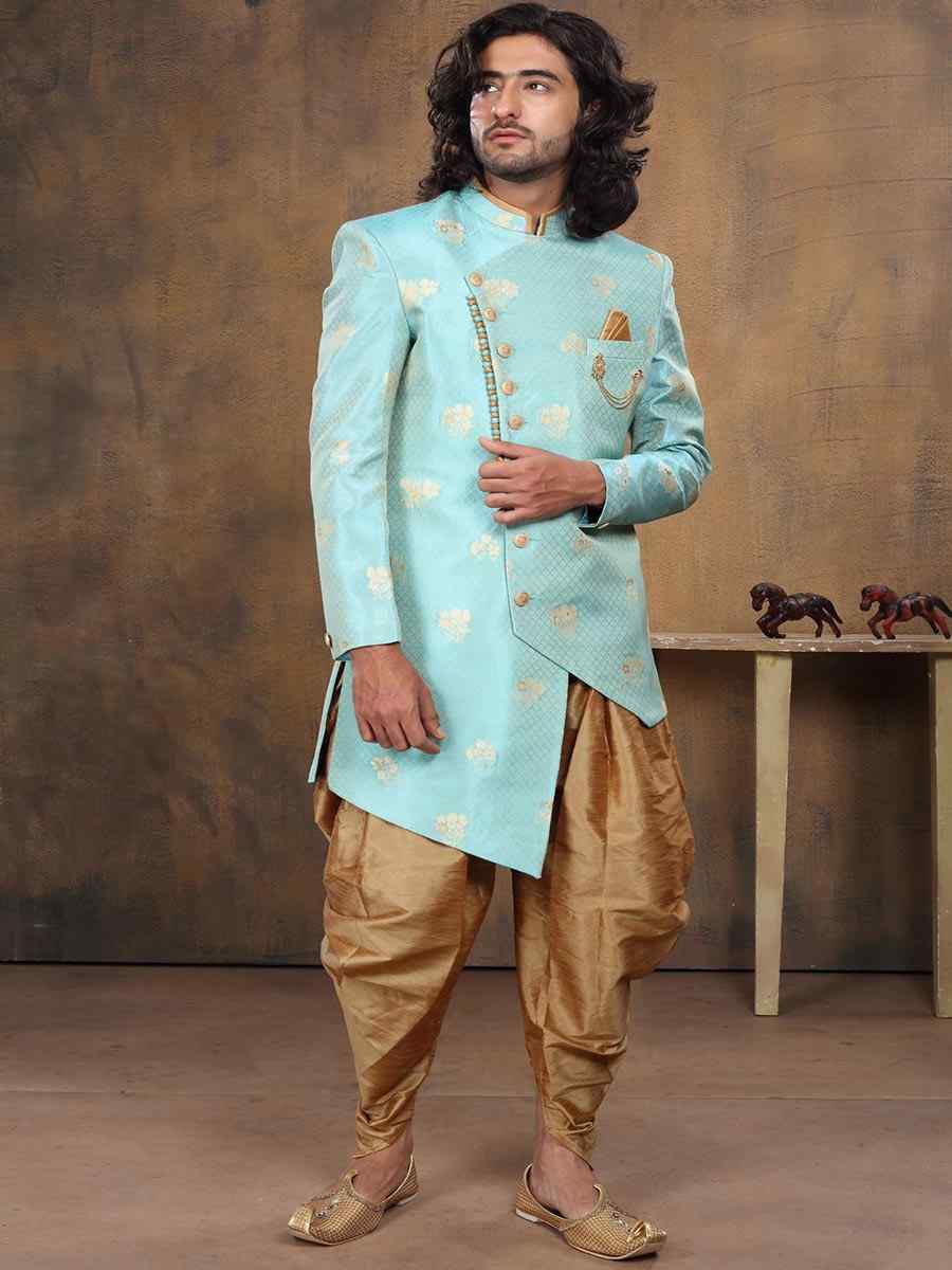 Sky Blue Imported Woven Groom Wedding Sherwani
