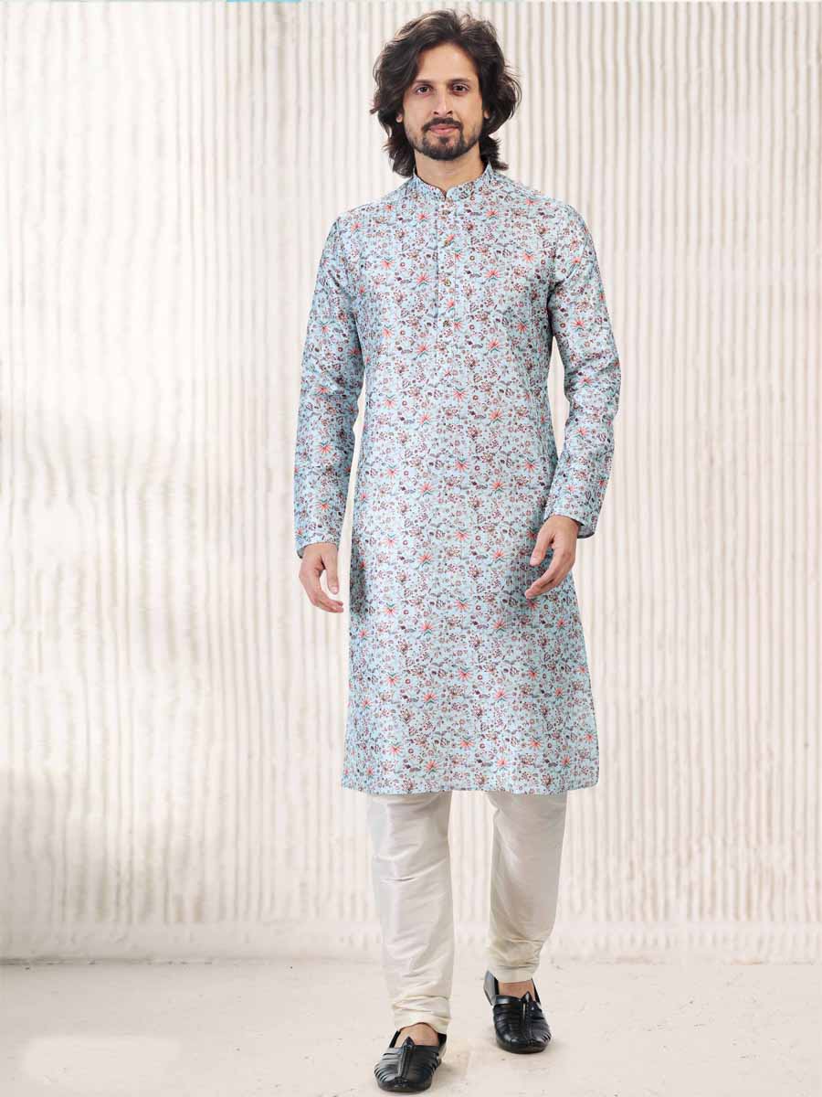 Sky Blue Jacquard Banarasi Silk Woven Festival Wedding Kurta