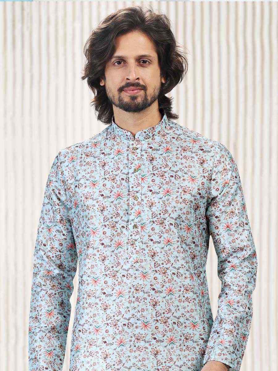 Sky Blue Jacquard Banarasi Silk Woven Festival Wedding Kurta