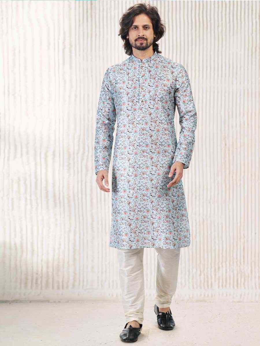 Sky Blue Jacquard Banarasi Silk Woven Festival Wedding Kurta