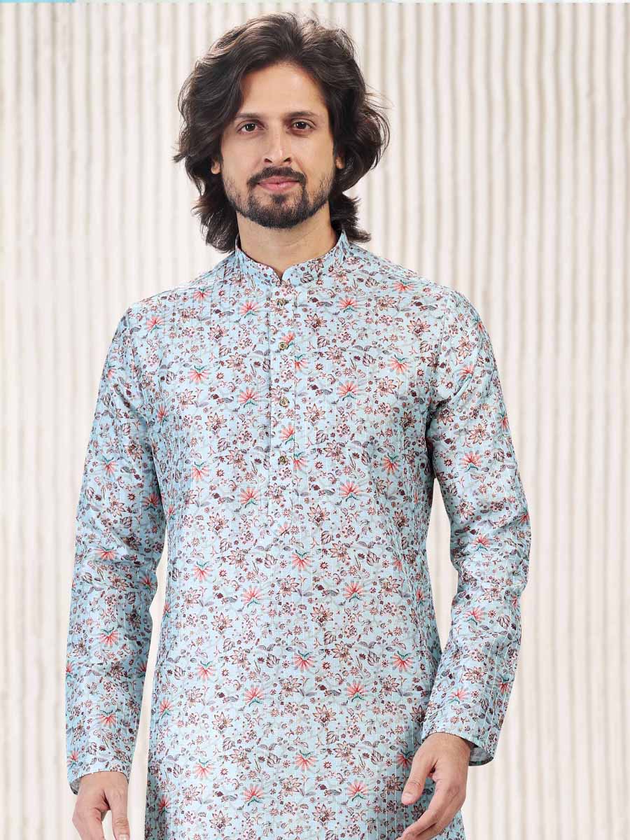 Sky Blue Jacquard Banarasi Silk Woven Festival Wedding Kurta