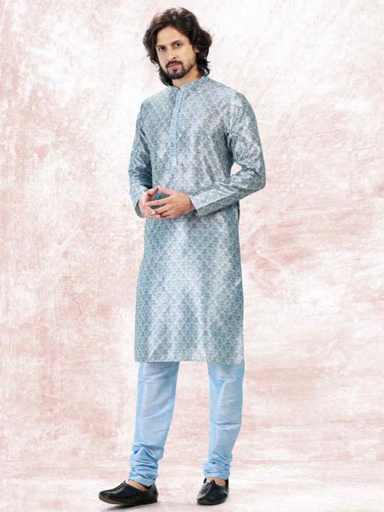 Sky Blue Jacquard Banarasi Silk Woven Festival Wedding Kurta