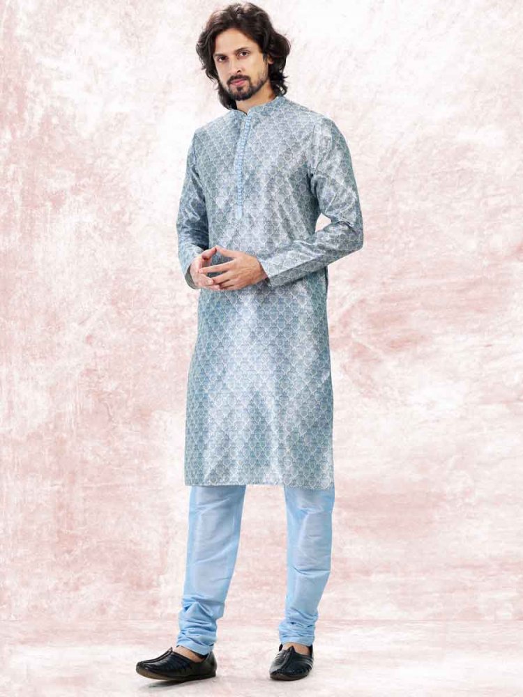Sky Blue Jacquard Banarasi Silk Woven Festival Wedding Kurta