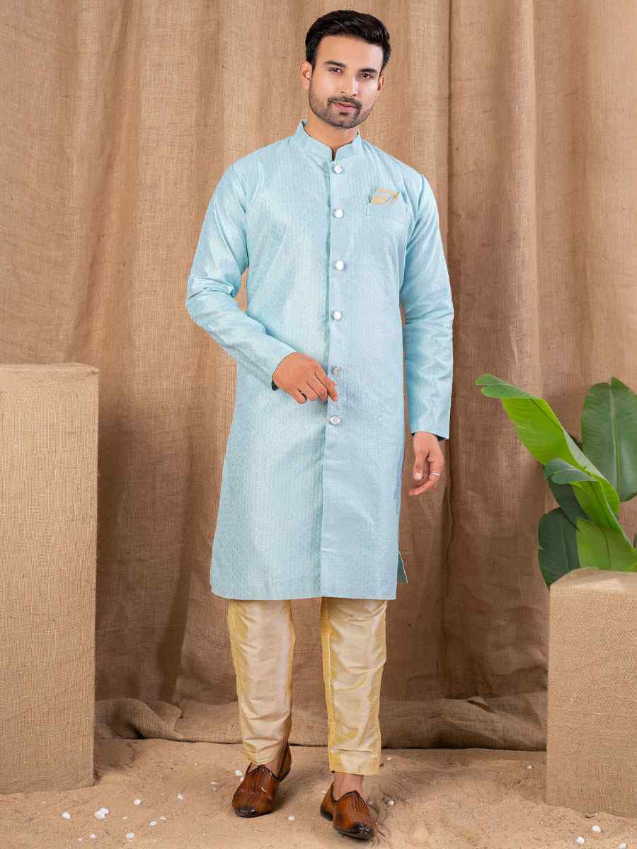 Sky Blue Jacquard Embroidery Festival Wedding Party Mens Kurta