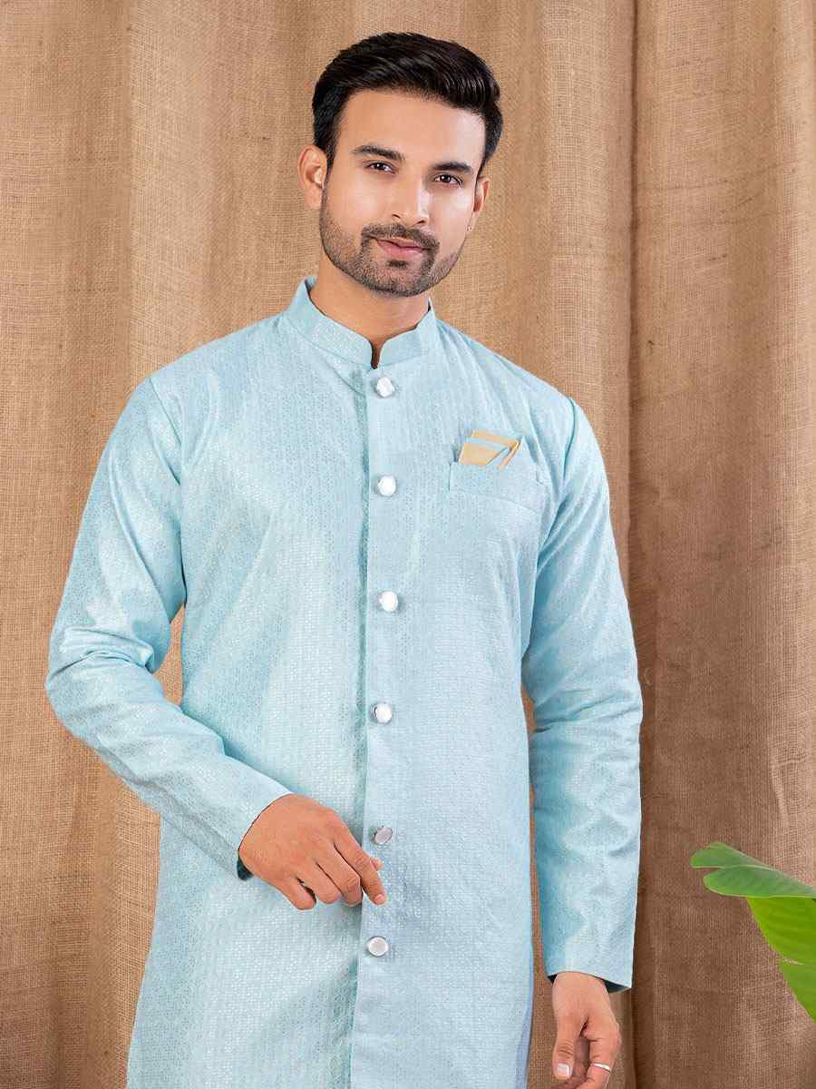 Sky Blue Jacquard Embroidery Festival Wedding Party Mens Kurta