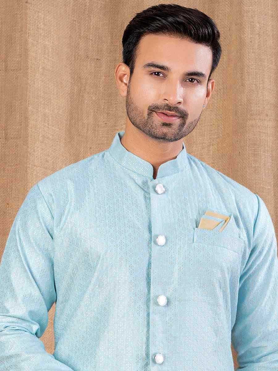 Sky Blue Jacquard Embroidery Festival Wedding Party Mens Kurta