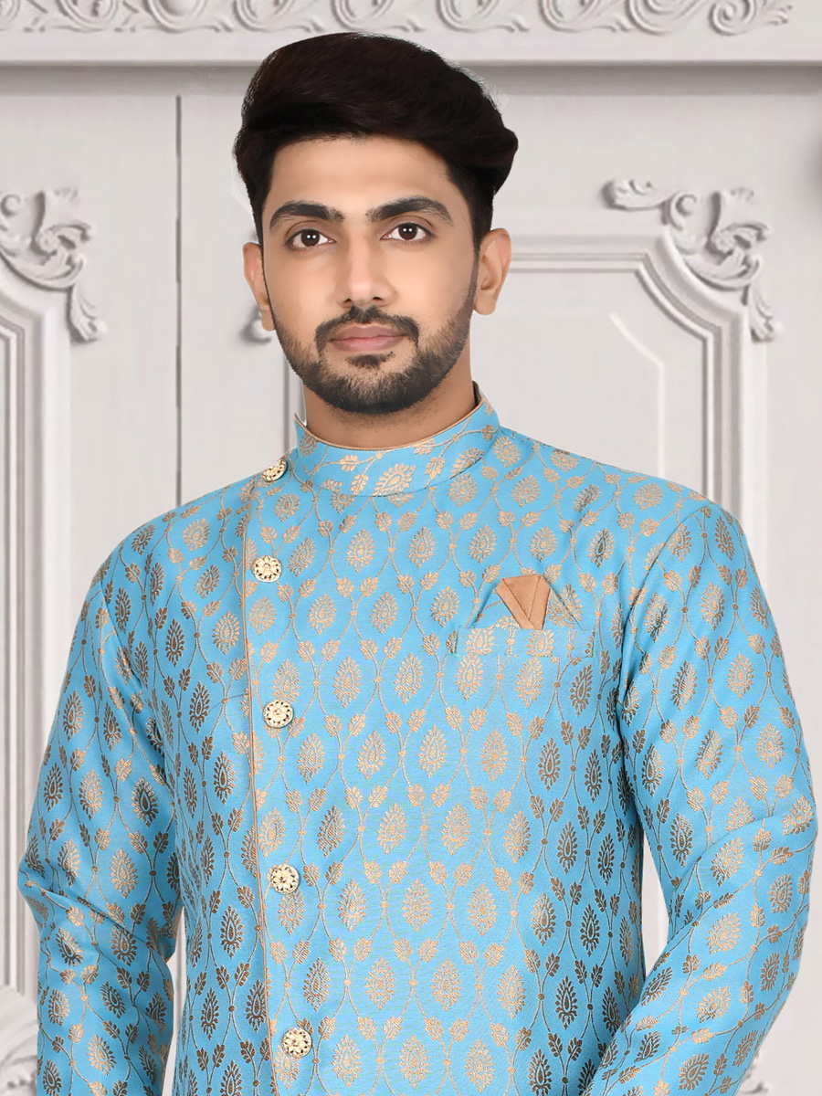 Sky Blue Jacquard Handwoven Party Sherwani