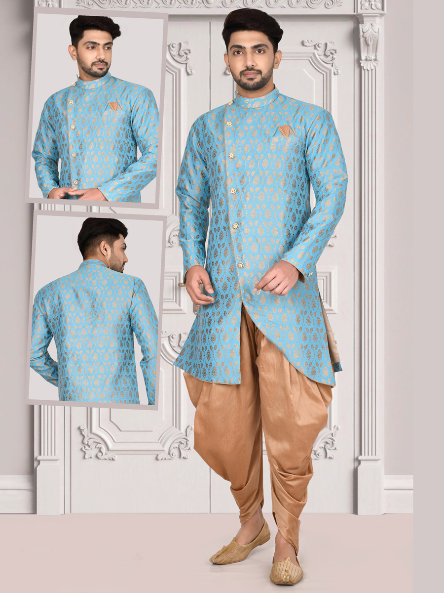 Sky Blue Jacquard Handwoven Party Sherwani