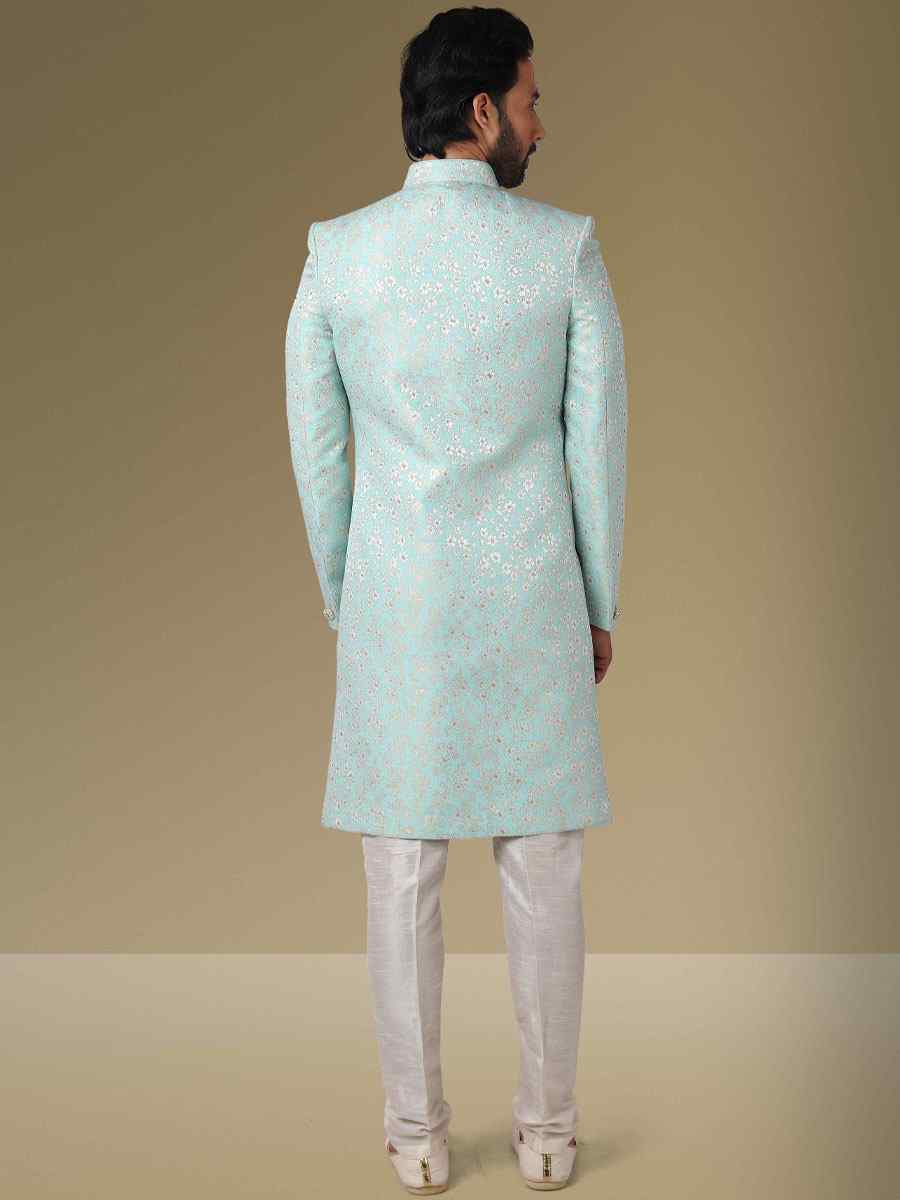 Sky Blue Jacquard Silk Brocade Embroidered Party Aligadhi Pant Kurta
