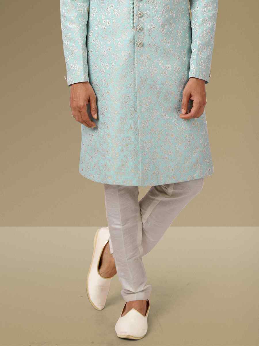 Sky Blue Jacquard Silk Brocade Embroidered Party Aligadhi Pant Kurta