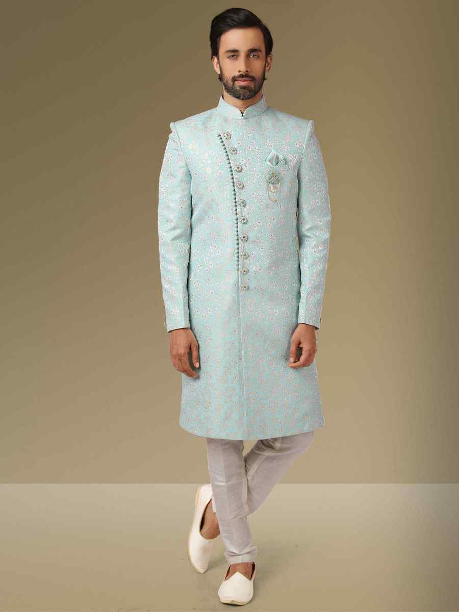 Sky Blue Jacquard Silk Brocade Embroidered Party Aligadhi Pant Kurta