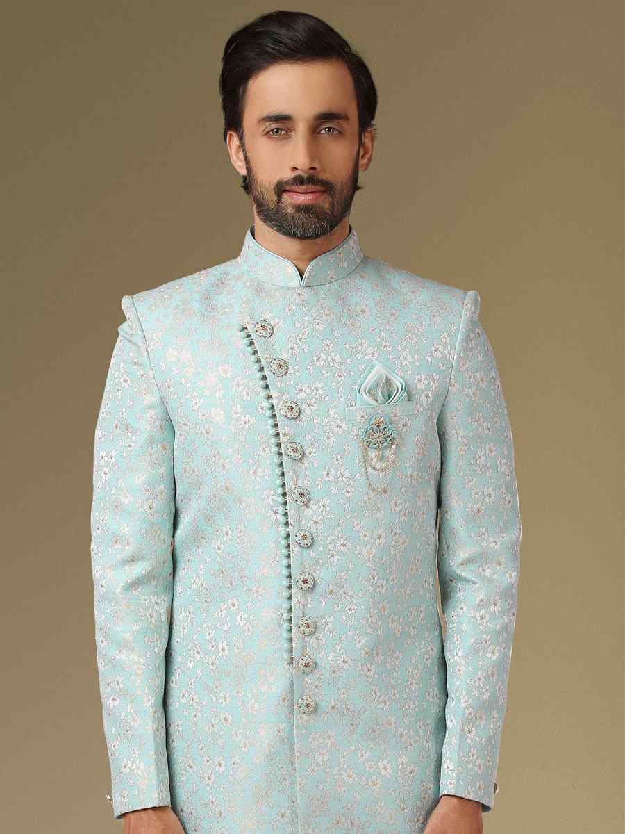 Sky Blue Jacquard Silk Brocade Embroidered Party Aligadhi Pant Kurta