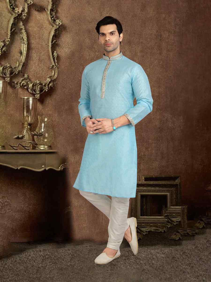Sky Blue Jacquard Silk Brocade Woven Plain Wedding Party Kurta