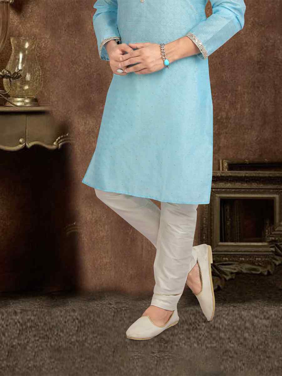 Sky Blue Jacquard Silk Brocade Woven Plain Wedding Party Kurta