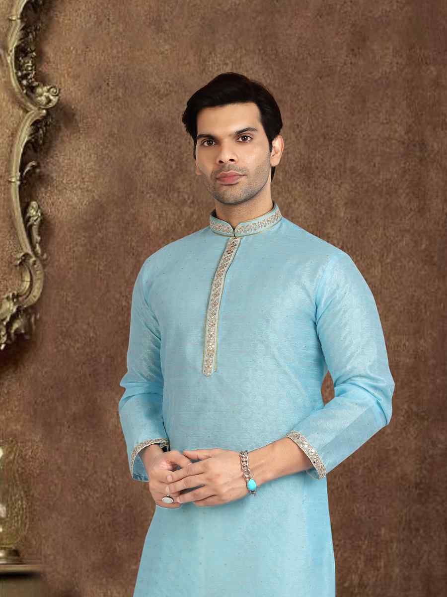 Sky Blue Jacquard Silk Brocade Woven Plain Wedding Party Kurta