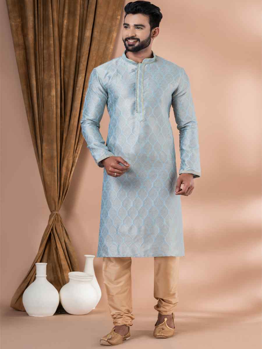 Sky Blue Jacquard Silk Embroidered Festival Party Kurta