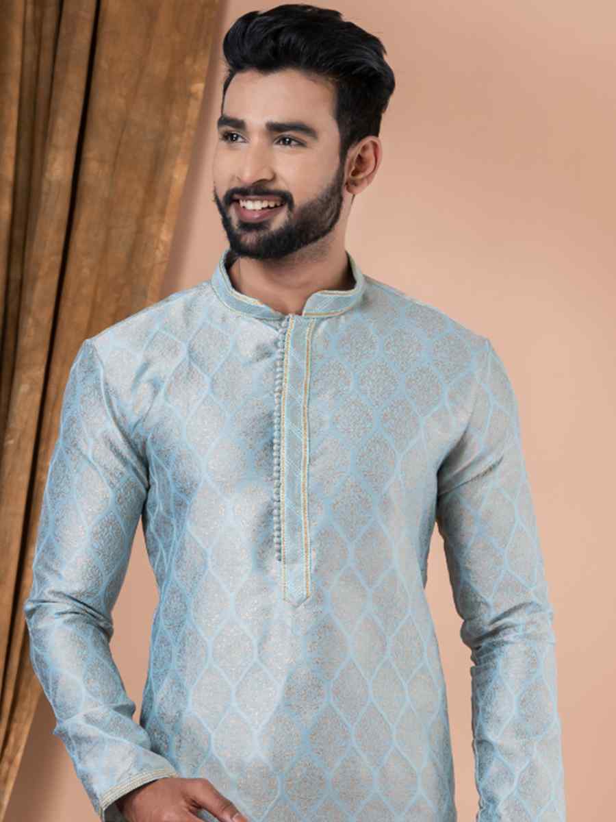 Sky Blue Jacquard Silk Embroidered Festival Party Kurta