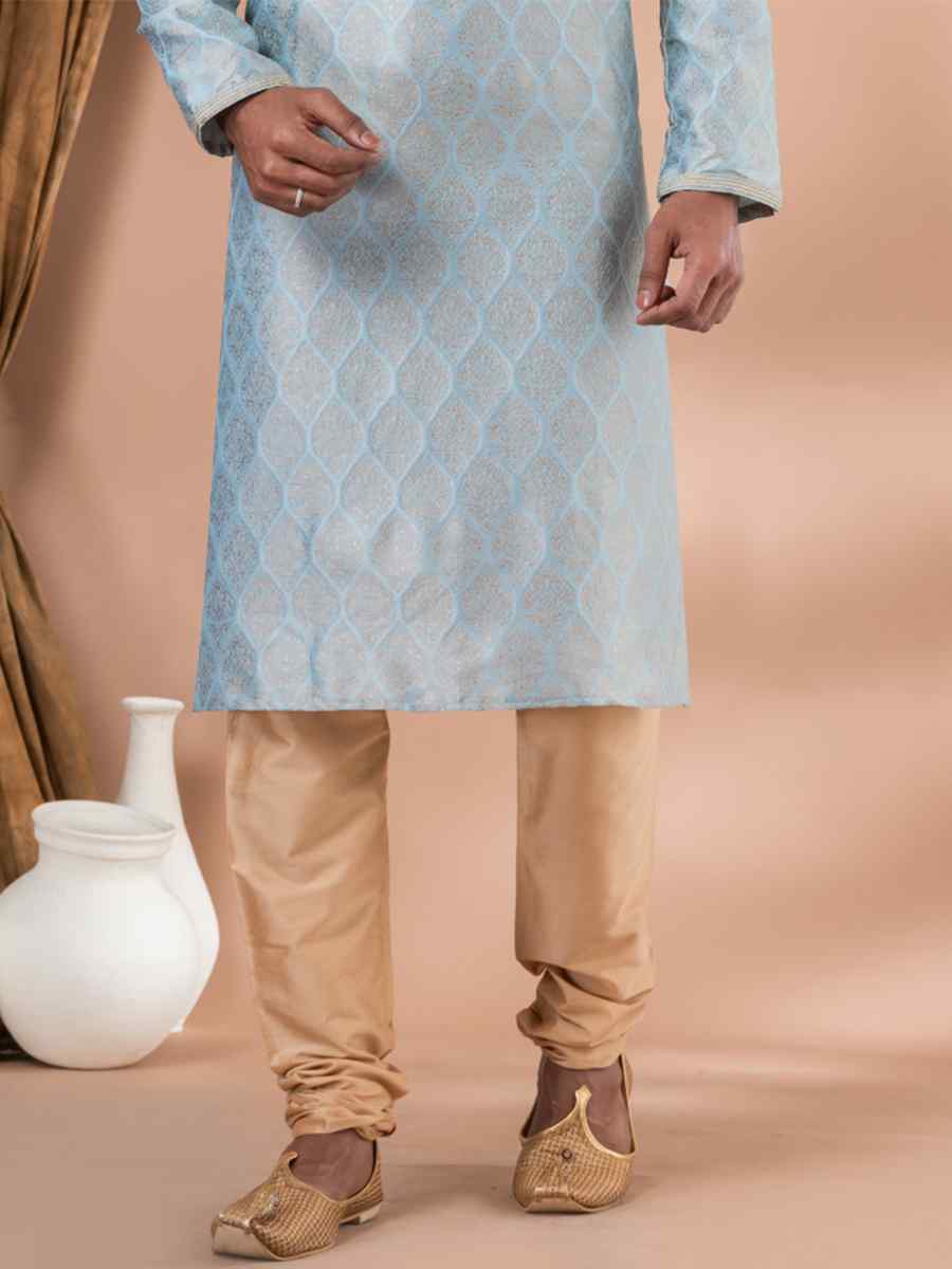 Sky Blue Jacquard Silk Embroidered Festival Party Kurta