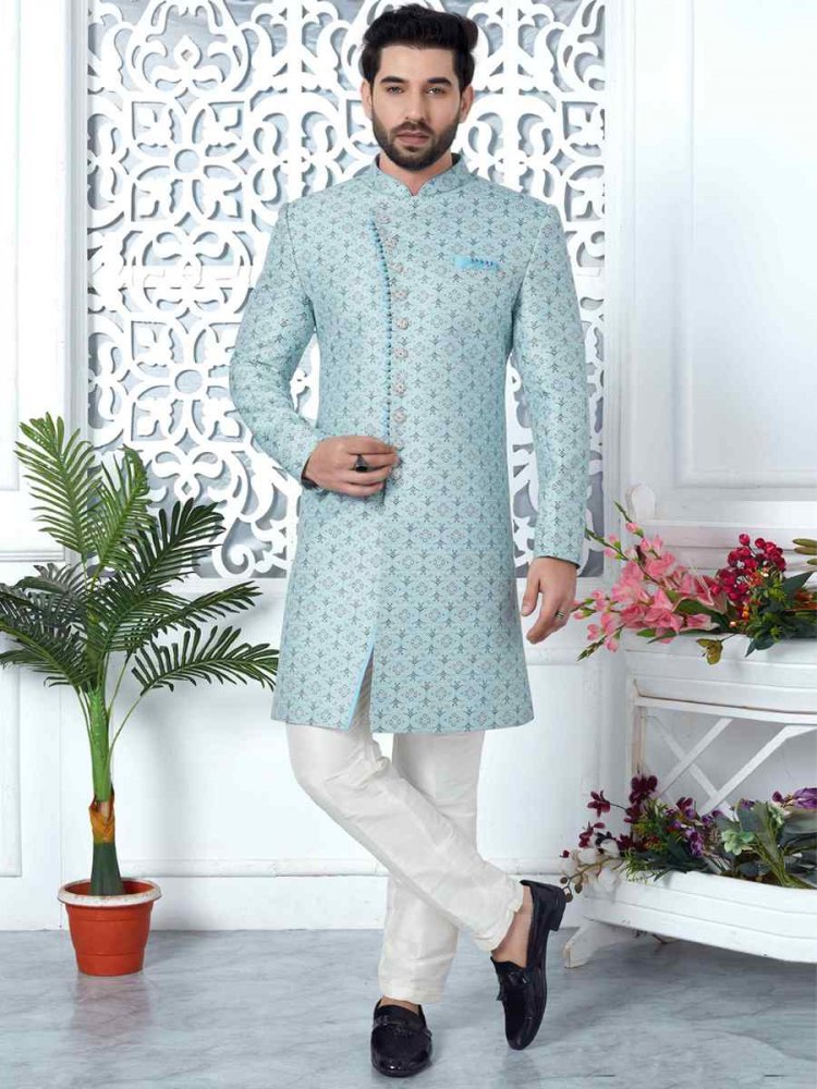 Sky Blue Jacquard Silk Embroidered Groom Wedding Sherwani