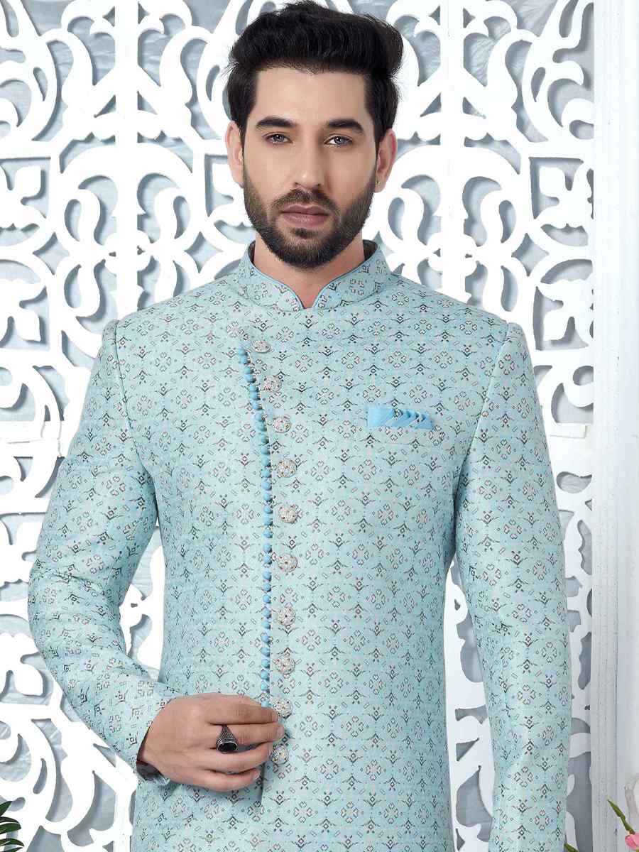 Sky Blue Jacquard Silk Embroidered Groom Wedding Sherwani