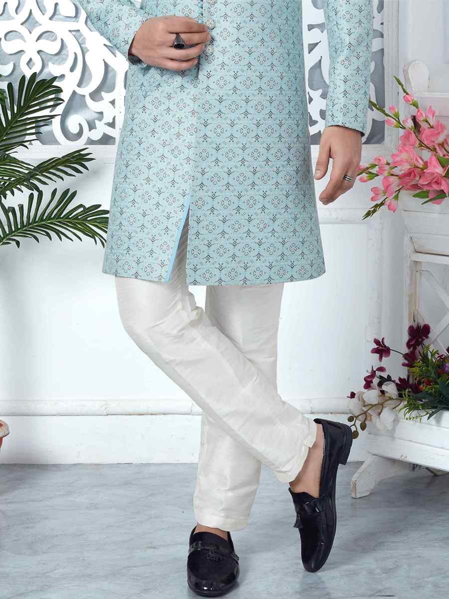 Sky Blue Jacquard Silk Embroidered Groom Wedding Sherwani