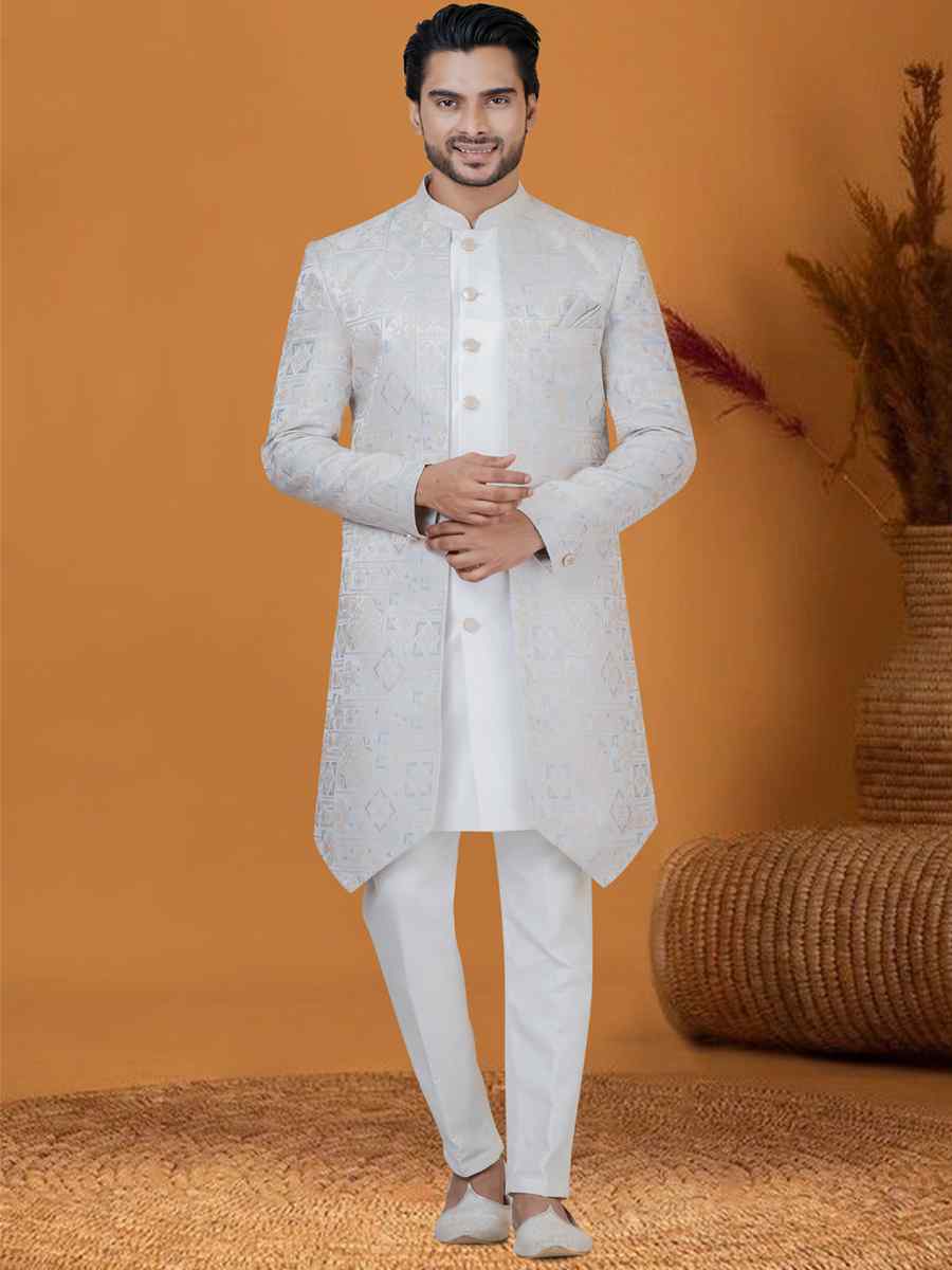 Sky Blue Jacquard Silk Woven Groom Wedding Sherwani