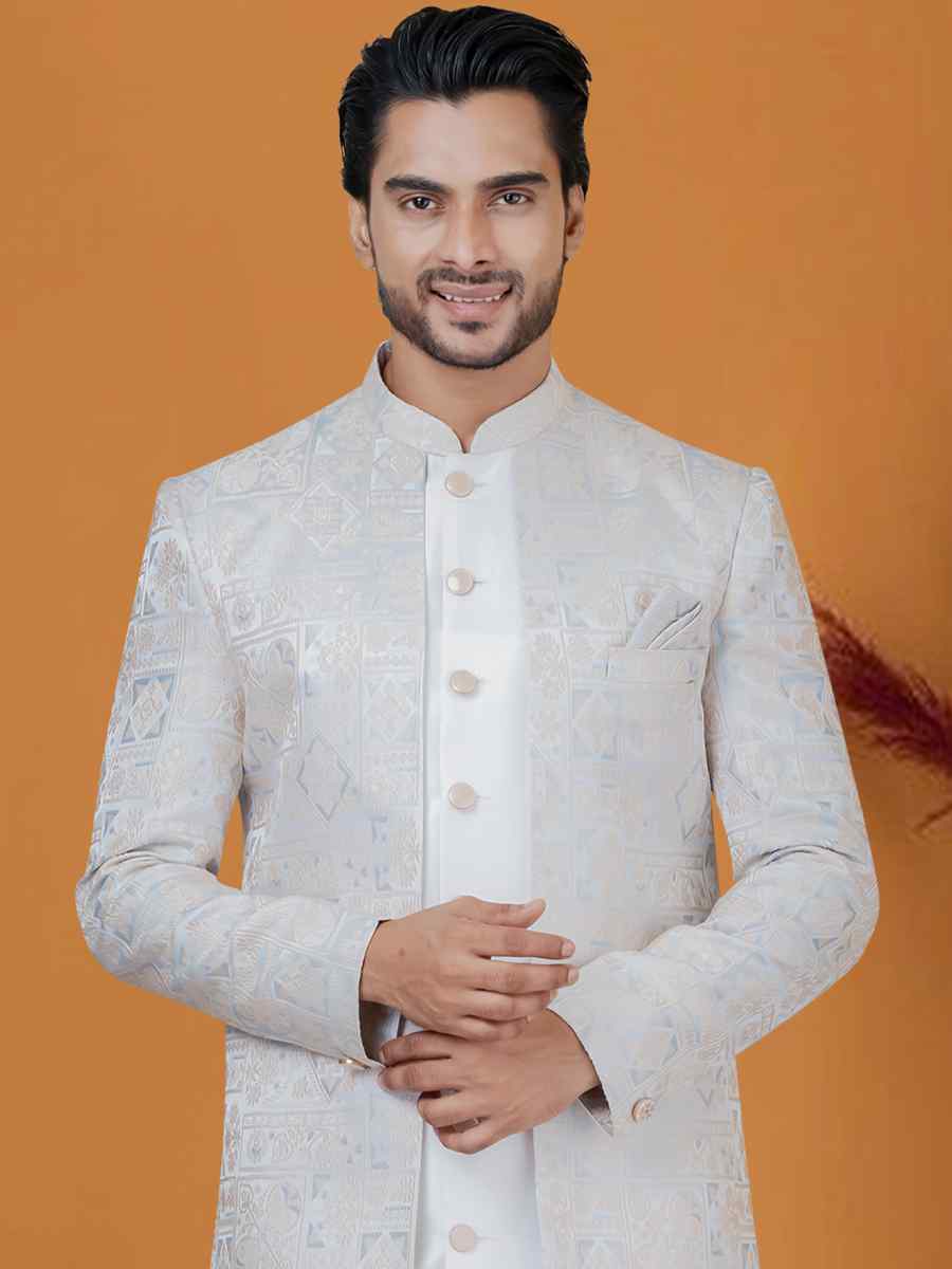 Sky Blue Jacquard Silk Woven Groom Wedding Sherwani