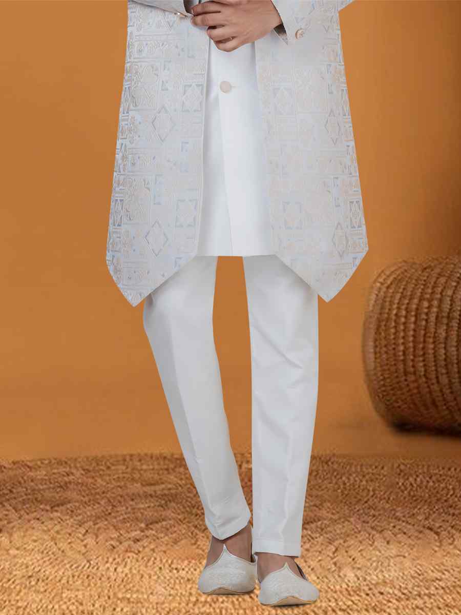 Sky Blue Jacquard Silk Woven Groom Wedding Sherwani