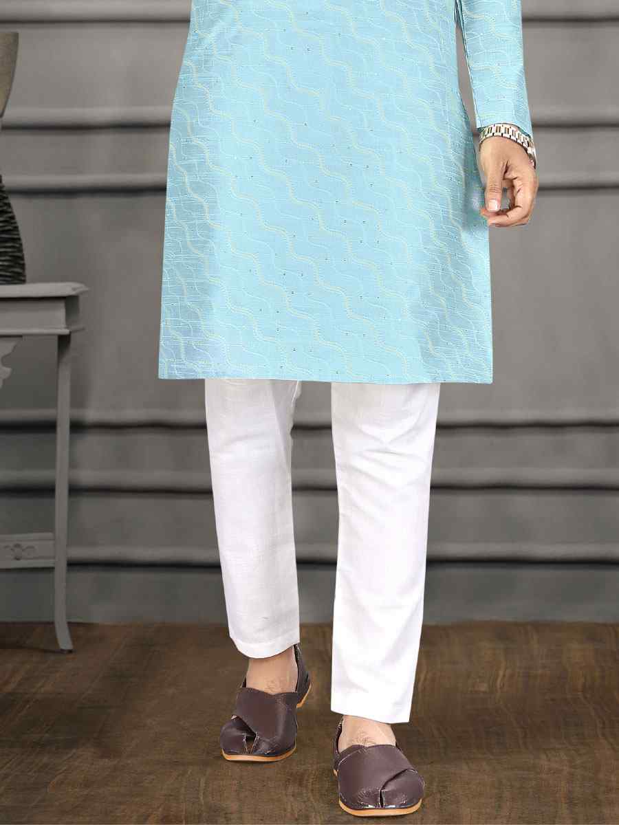Sky Blue Jacquard Woven Festival Mehendi Kurta