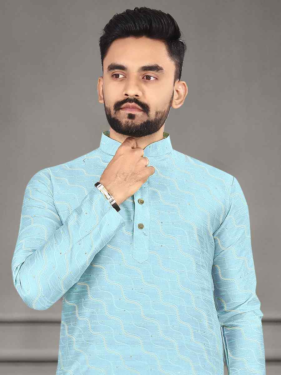 Sky Blue Jacquard Woven Festival Mehendi Kurta