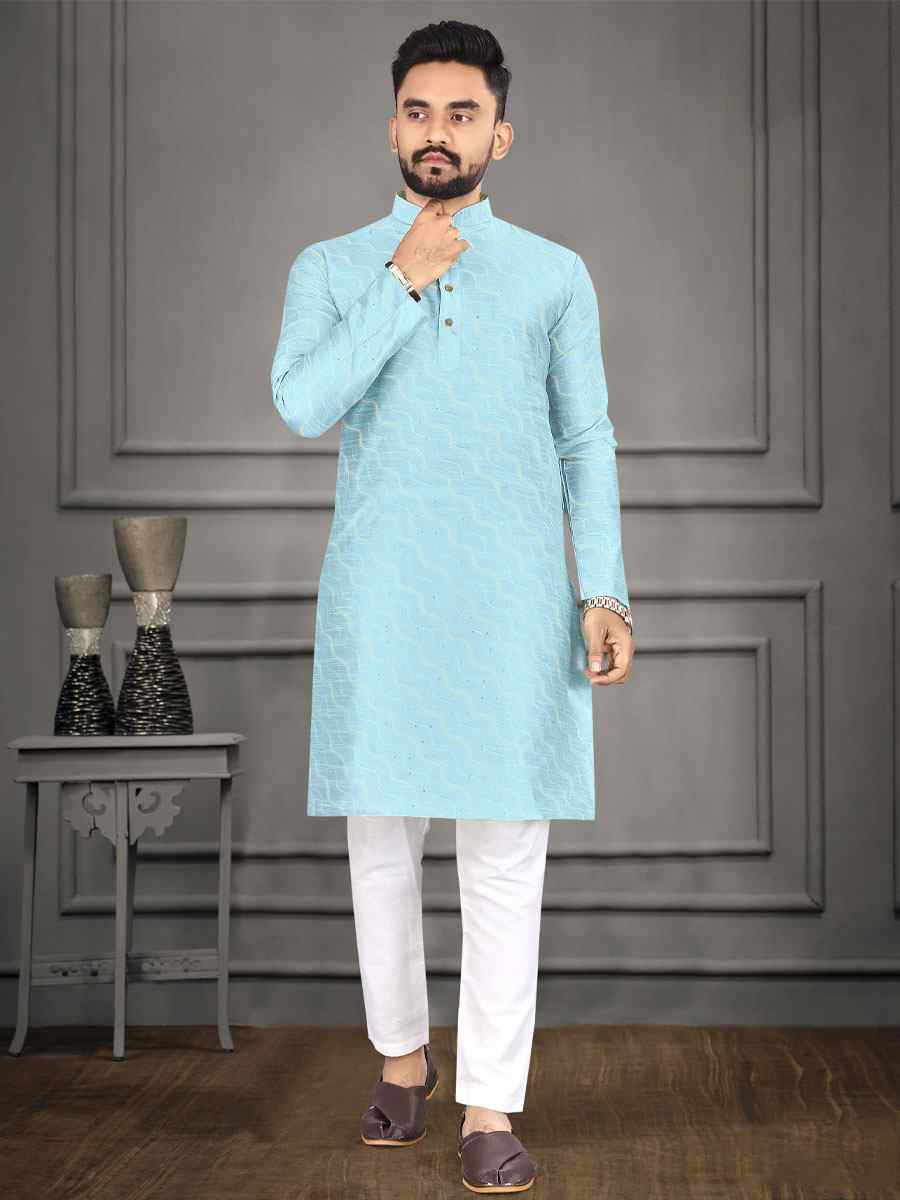 Sky Blue Jacquard Woven Festival Mehendi Kurta