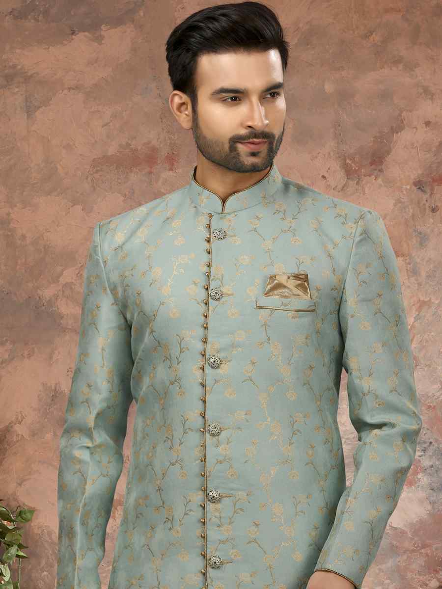 Sky Blue Jacquard Woven Festival Wedding Sherwani