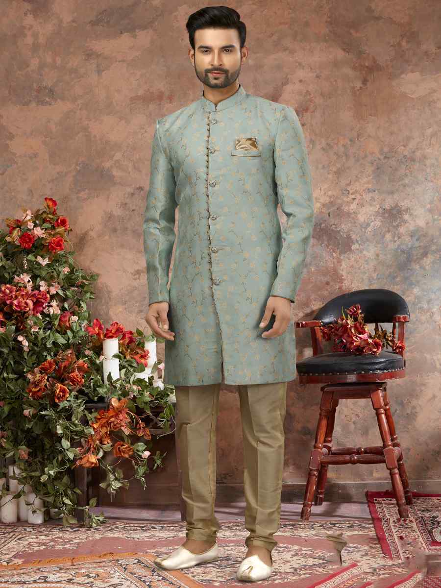 Sky Blue Jacquard Woven Festival Wedding Sherwani