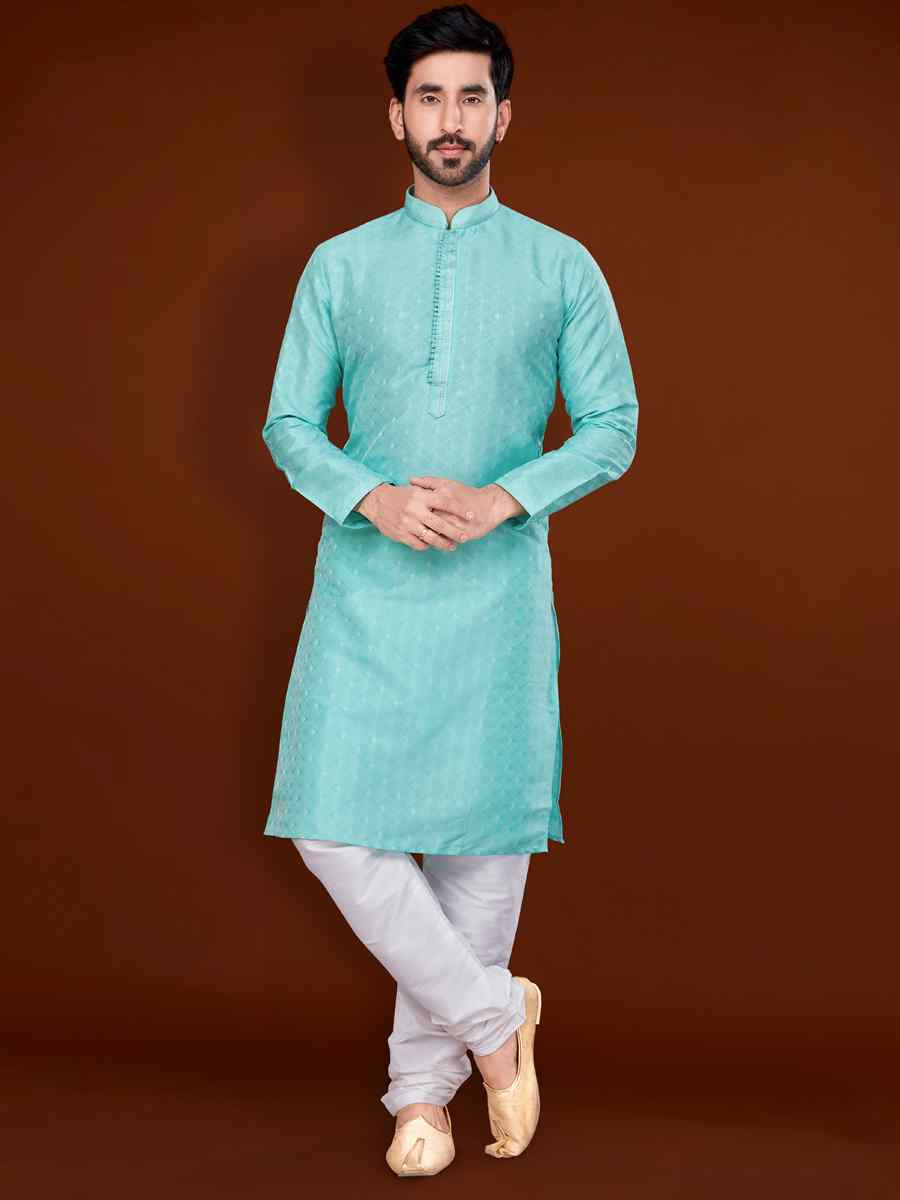 Sky Blue Jacquard Woven Wedding Festival Kurta