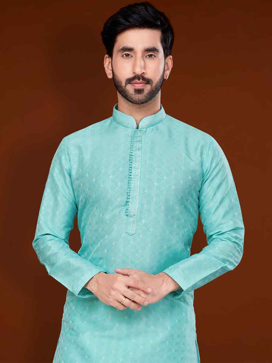 Sky Blue Jacquard Woven Wedding Festival Kurta