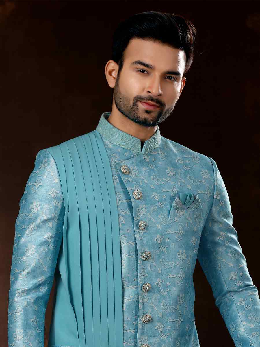 Sky Blue Jacquard Woven Wedding Party Sherwani