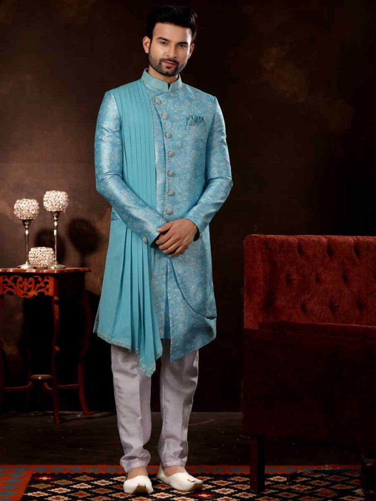 Sky Blue Jacquard Woven Wedding Party Sherwani