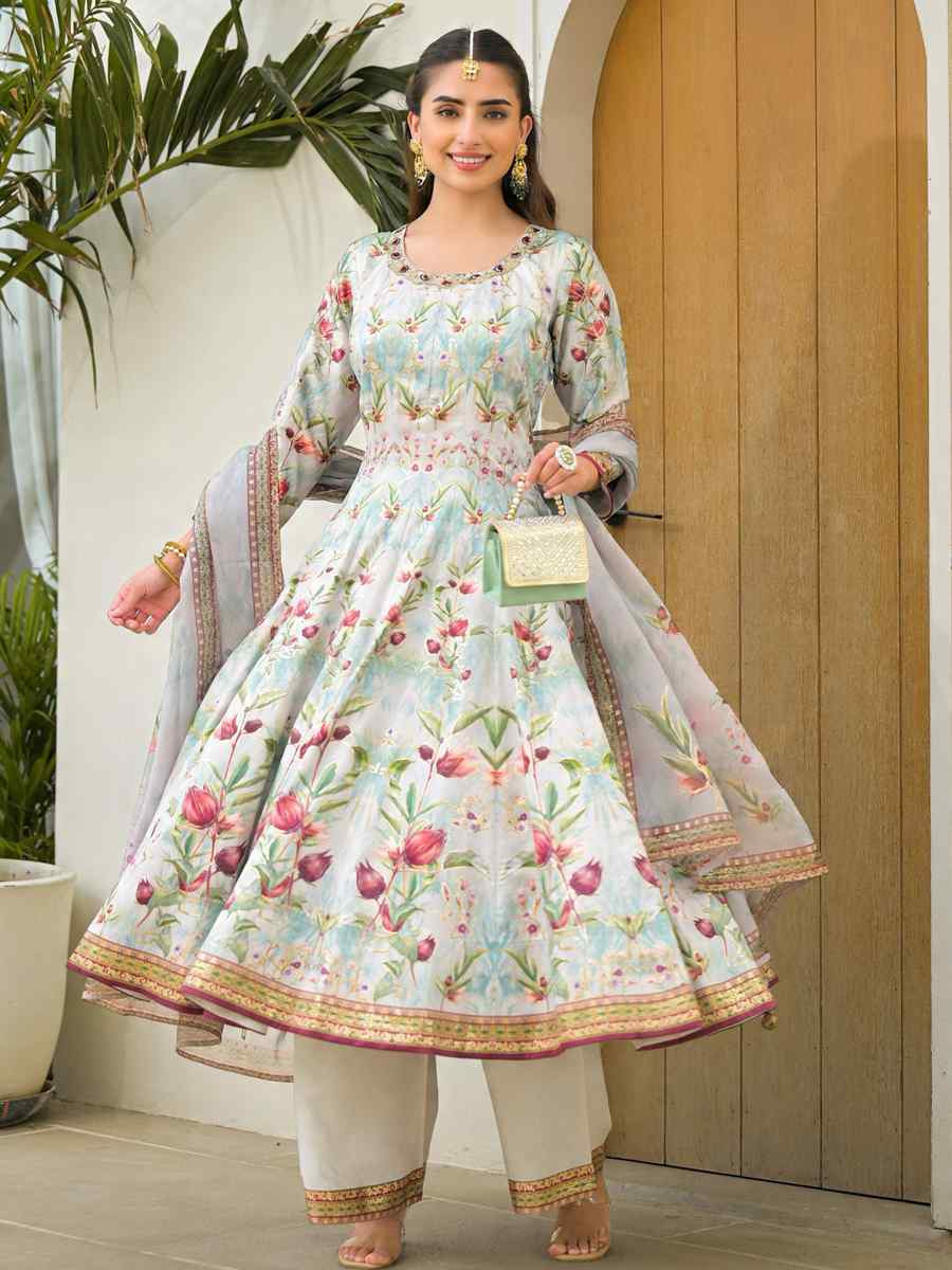 Sky Blue Jam Silk Embroidery Printed Party Wedding Festival Casual Ready Anarkali Palazzo Pant Salwar Kameez
